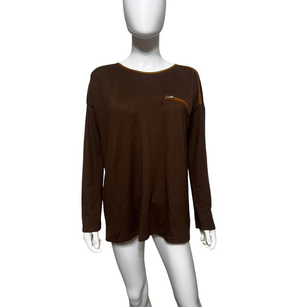 YA Los Angeles Brown Knit Top Faux Suede Lace Up Back Boho Long Sleeve Size L